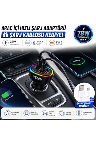 Schitec 3 Portlu Araç Şarj Aleti Ve 6a 120w Usba To Type-c Hızlı Data Ve Şarj Kablosu Beyaz