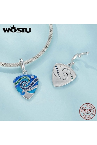 Wostu Müzik Hediyeler 925 Ayar Gümüş Gitar Mızrap Mavi Emaye Narin Charm Kolye Kadınlar Genç Kızlar İçin Gümüş