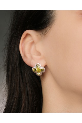 Lekka Design Kadın Kararmaz Çelik Lüks Takı Yeşil Zirkon Taşlı Yonca Küpe Altın