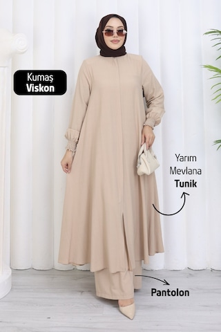 Rahvel Umre Takımı Viskon Kumaş Tunik Pantolon Bir Arada Terletmez İç Göstermez Bej