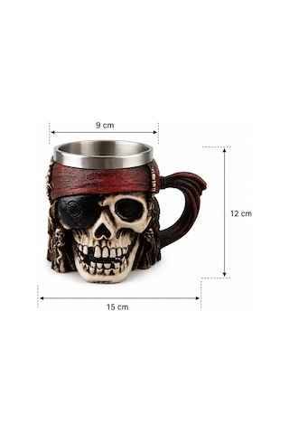 Korsan Kuru Kafa Kupa Bardak 400 Ml Paslanmaz Çelik İç Hazneli Dekoratif Skull Mug Kahve Çay Kupası