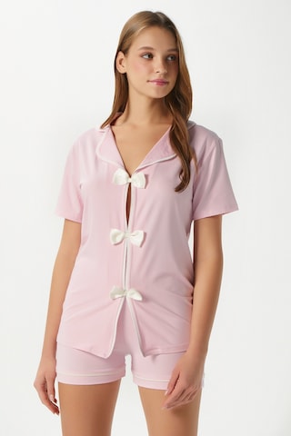 Ritnice Kadın Violet Pembe Şortlu Fiyonklu Alt Üst Pijama Takımı