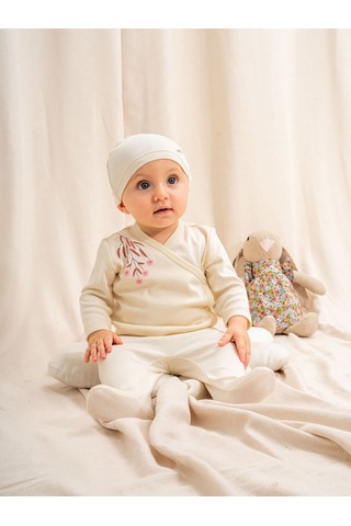 Kd43316.organik Sertifikalı Nakışlı Kız 3lü Takım 0-1/1-3/3-6/6-9ay Ekru