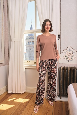 Monamise Kadın Yaprak Desenli Dantelli V Yaka Büyük Beden Pijama Takımı 24166bat Somon