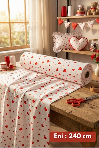%100 Pamuk Kırmızı Kalpli Poplin Kumaş En: 240 Cm Nevresim, Çarşaf, Yastık Kılıfı, Elbise Ve Çanta