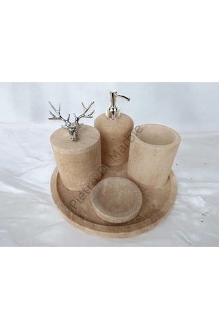 Sarı Traverten Klasik Model 5 Parça Gümüş Renk Geyik Aksesuarlı Banyo Seti Sarı Traverten
