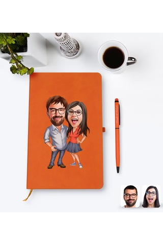 Kişiye Özel Sevgililer Karikatürlü Turuncu Termo Deri Defter Kale N11.2258