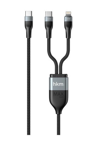 Duo Power 100W Çift Uçlu Type-C To Lightning + Type-C Şarj Kablosu Örgü Tasarım 1.2 Metre Siyah