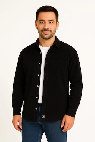 Erkek Fitilli Kadife Cepli Gömlek Oversize Rahat Kalıp - Siyah Siyah