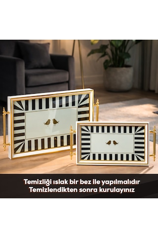 Porsima 4390 2'li Dekoratif Dikdörtgen Servis Tepsi Seti - Çay Ve Kahve Kahvaltılık Sunum Tepsisi Siyah