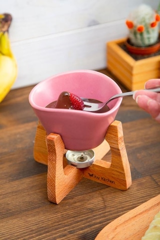 Pembe Ahşap Fondü Seti Renkli Seramik Kaseli Ahşap Standlı Fondü Seti Pembe
