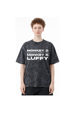 Monkey D. Luffy One Piece Anime Baskılı Unisex Oversize Vintage Y Siyah