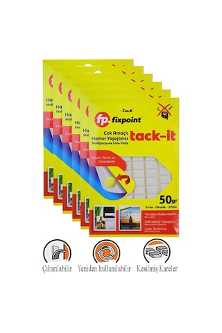 Hamur Yapıştırıcı Tack-it 50gr 6 Paket Fixpoint 65 Parça Macun Sakız Yapıştırıcı Takıt Çerçeve Afiş Duvar İz Bırakmaz