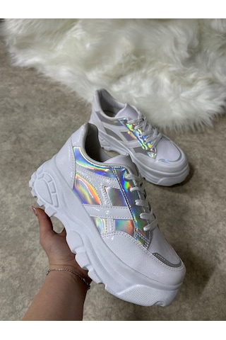 Günlük Kadın Sneaker Kalın Yüksek Taban Bağcıklı Rahat Tiger Şeritli Spor Ayakkabı 032 15 - Beyaz Rugan Holo