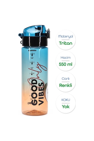 Su Matarası Tritan Geniş Ağız Su Şişesi Good Vibes Spor Matarası Suluğu Bpasız 550 Ml Mavi 0100