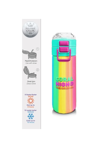 Coral High Kids Renkli Çizgili Desenli Pipetli Ve Direkt İçim Çelik Termos 500 Ml 31873 Çok Renkli