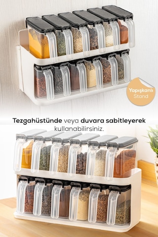 Vienev 12'li Beyaz Standlı Kaşıklı Etiketli Kendinden Yapışkanlı Baharatlık Seti Beyaz Beyaz