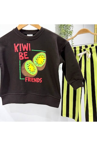 Kiwi Best Friends Baskılı Sweatshirt Ve Çizgili Eşofman Altı Unisex Alt Üst Takım Siyah