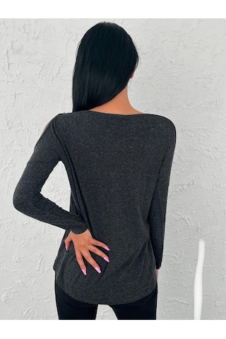 Aqe Fashion Bisiklet Yaka Omuz Dekolteli Inci Motifli Uzun Kol Bluz Antrasit