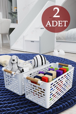 2 Adet Ahşap Saplı Görünüm Beyaz Renk Plastik Mutfak Banyo Eşya Organizer Sepet Düzenleyici Set Beyaz