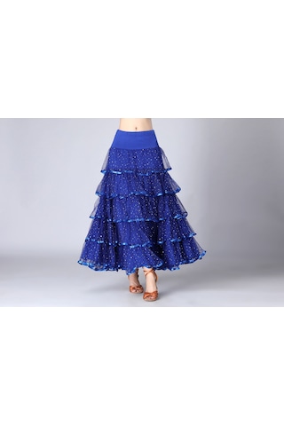 Sones Pullu Salıncak Modern Dans Uzun Etek Yarışma Kostümü Kraliyet Mavisi Saks Mavi