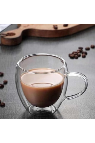 Çift Katmanlı Cam Kupa Bardak 250 Ml Lüx Çift Cidarlı Kupa - Termos Bardak - İki Duvarlı Yapısı İle Uzun Süre Sıcak-soğuk Tutma Özelliği, Kulplu Kahve Espresso Bardağı Brosilikat Double Layer Cup 6998