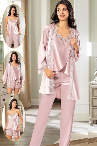 Xses 2165 Kadın Saten Empirme Sabahlıklı 4'lü Pijama Takım-pudra Pudra