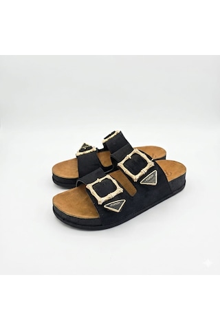 Koray Shoes Piomi Kadın Çift Tokalı Ortopedik Siyah Süet Anatomik Destekli Şık Terlik