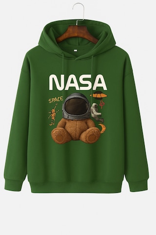 Kokina 3 İplik Penye Unisex Nasa Ayıcık Baskılı Kapüşonlu Sweatshirt Yeşil