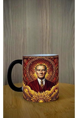 Kişiye Özel Sarı Kırmızı Renk Tasarımlı Atatürk Görsel Temalı Sihirli Kupa Bardak 2 Sarı - Kırmızı