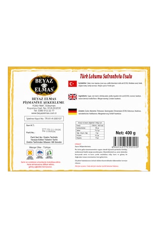 Beyaz Elmas Kare Safranbolu Lokumu 400 Gr - Glikoz Şurubu İçermez - %100 Doğal Şeker Pancarından Üretilmiştir - Fındıklı Türk Lokumu