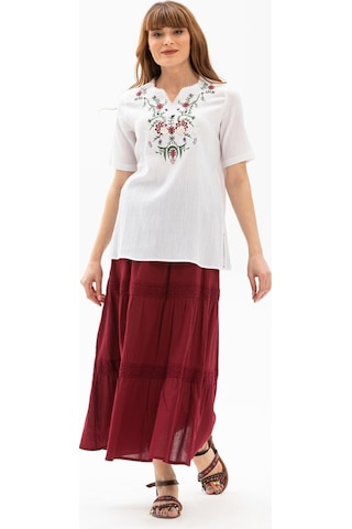 Uzun Şile Bezi Dantelli Etek Bordo Brd