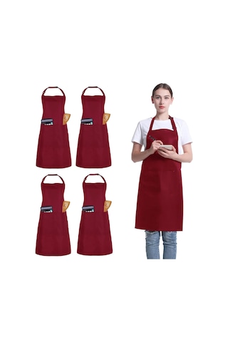 4 Paket Şef Önlüğü, 2 Cepli Ayarlanabilir Önlük, Unisex Kişisel Koyu Kırmızı, Diğer