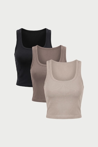 Auw Kadın Kare Yaka Pamuklu Modal Crop 3'lü - Softfit Taş, Vizon, Siyah