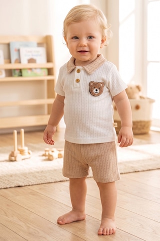 Babymod Ayıcık Armalı Yazlık Erkek Bebek Takım Ekru