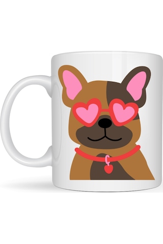 Sevimli French Bulldog Desenli Porselen Kupa Model 48 Kalpli Gözlüklü Köpek Tasarımı, Hediye Kupa, Kahve & Çay Kupası Diğer