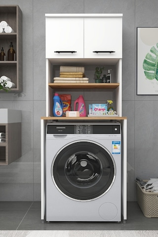 Dragon Çamaşır Makinesi Dolabı Kurutma Makinesi 3 Raflı 2 Kapaklı Banyo Dolabı - Beyaz Çam Beyaz - Çam