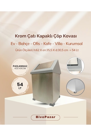 Krom Sallanır Çatı Kapaklı Çöp Kovası 54 Lt Krom