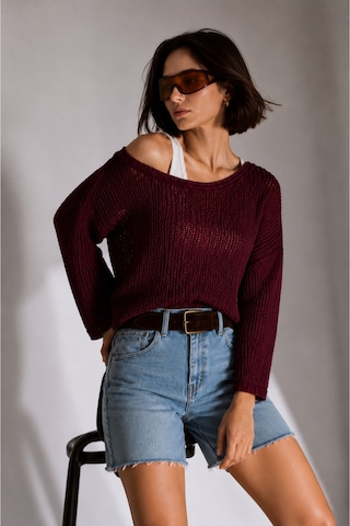Bisou Siyah Ajurlu Triko Kazak Kayık Yaka Oversize İnce Örgü Yazlık Mevsimlik Bluz Bordo