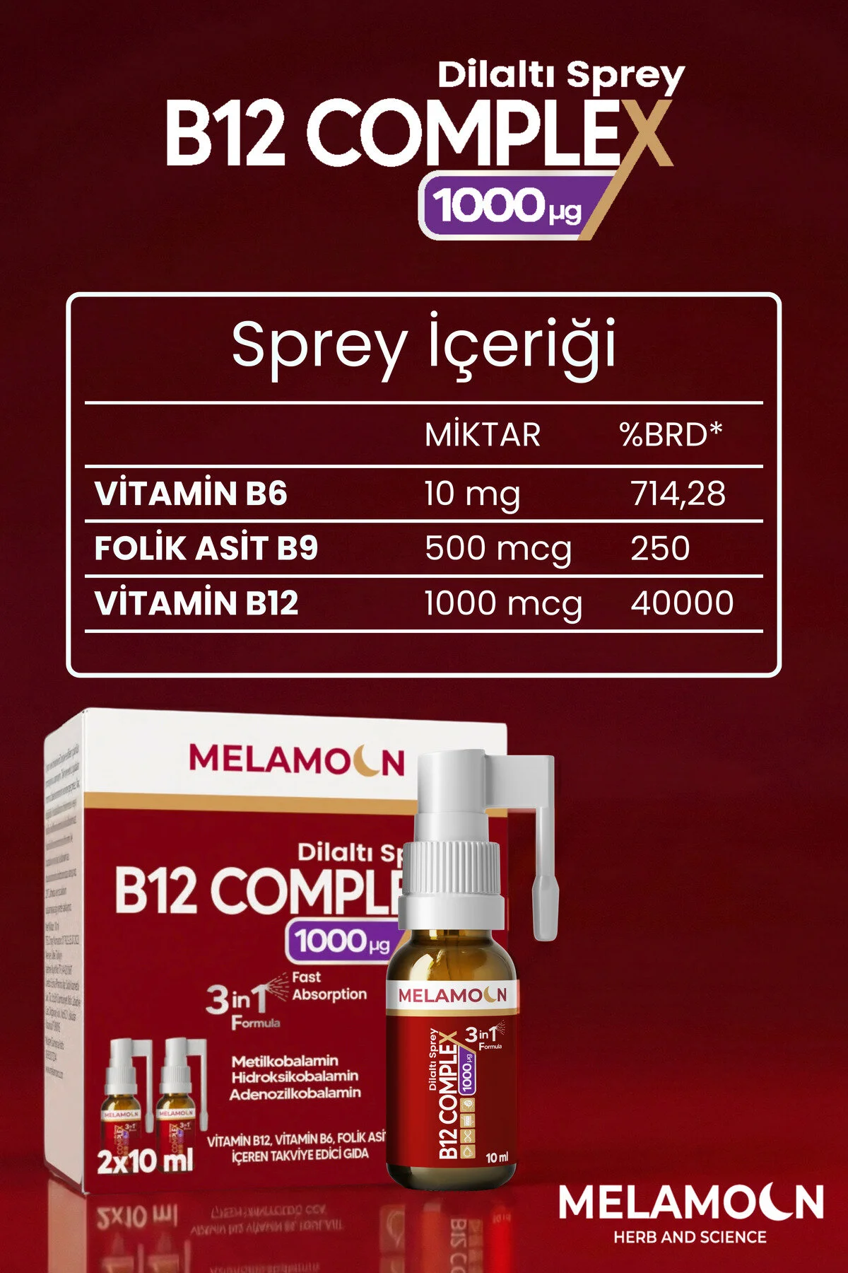 B12 Complex, Vitamin B12, Vitamin B6, Folik Asit İçeren Takviye Edici Dil Altı Sprey 2x10 Ml