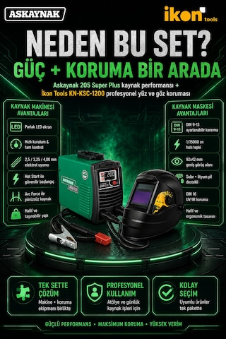 Askaynak 205 Super Plus İnverter Kaynak Makinesi + İkon Tools Kn-ksc-1200 Maske Seti