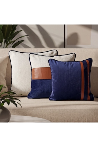 "navy Leather" Deri Şeritli Kırlent Kılıfı Seti Lacivert - Beyaz - Kahverengi