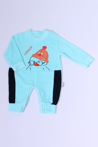 Hçm Bebek Kadife Tulum Uzun Kollu Çıtçıtlı Baskılı D5 Mavi