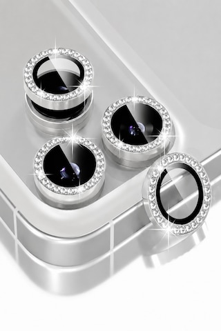 İphone 17 Pro / 17 Pro Max Uyumlu Taşlı Kamera Lens Koruyucu Gümüş