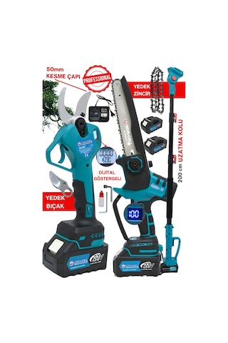 Dijitalgöstergeli 3 Lü Set A Plus 21v3ah 50mm Budama Makası Kömürsüz Testere Teleskobik Kol