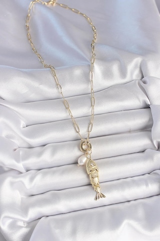 İnci Detaylı Zirkon Taşlı Balık Figürlü Gold Renk Pirinç Kolye Çok Renkli