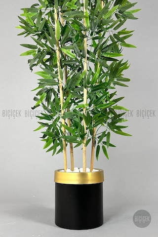 Biçiçek Yapay Bambu Ağacı 140cm Siyah Gold Metal Saksıda