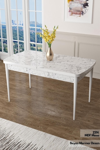 Canisa Concept Zen Serisi 80x132 Mdf Açılabilir Beyaz Mermer Desen Mutfak Masası Beyaz Mermer Desen Masa