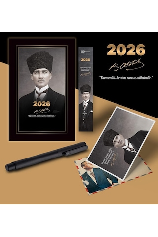 2026 Kalpaklı Atatürk Ajandası Ayraç Kartpostal Kalem - Siyah