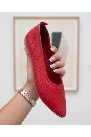 Futsishoes Stella Kırmızı Hakiki Deri Örgü Desenli Kadın Babet